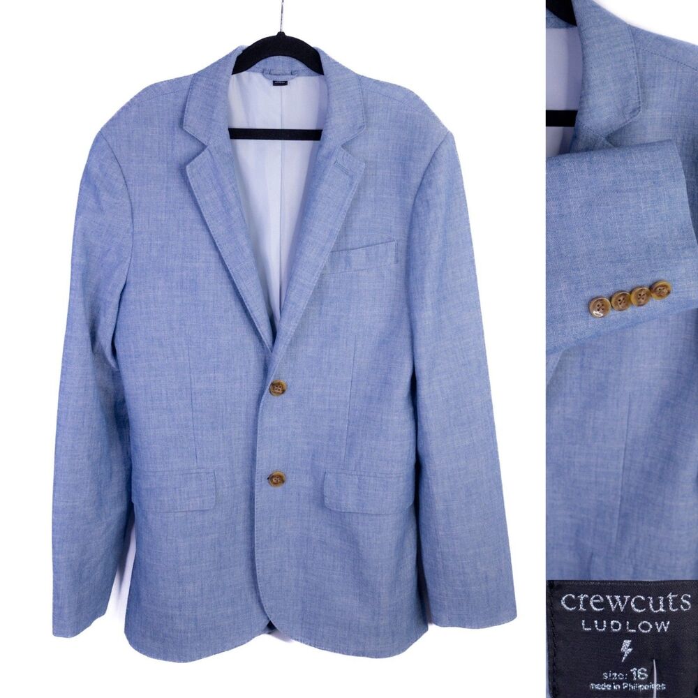 Crewcuts By J. Crew Ludlow Boys Blue Cotton 2-Button Blazer Jacket Size 16 NWT